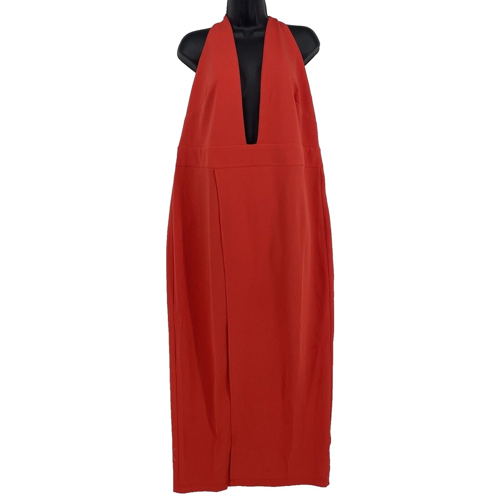 Curvy Sense Red Dress Size 2X‎ Slit Side Sexy Deep V-neck Halter Party Plus Form